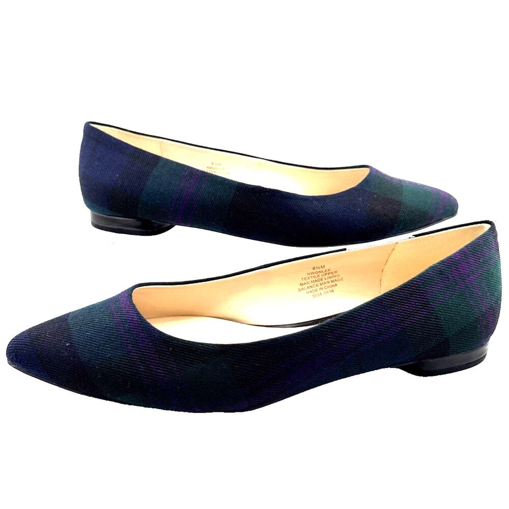 Nine West Women's Onlee Multicolor Plaid Fabric Pointed Toe Flats Size 8.5 M NWB